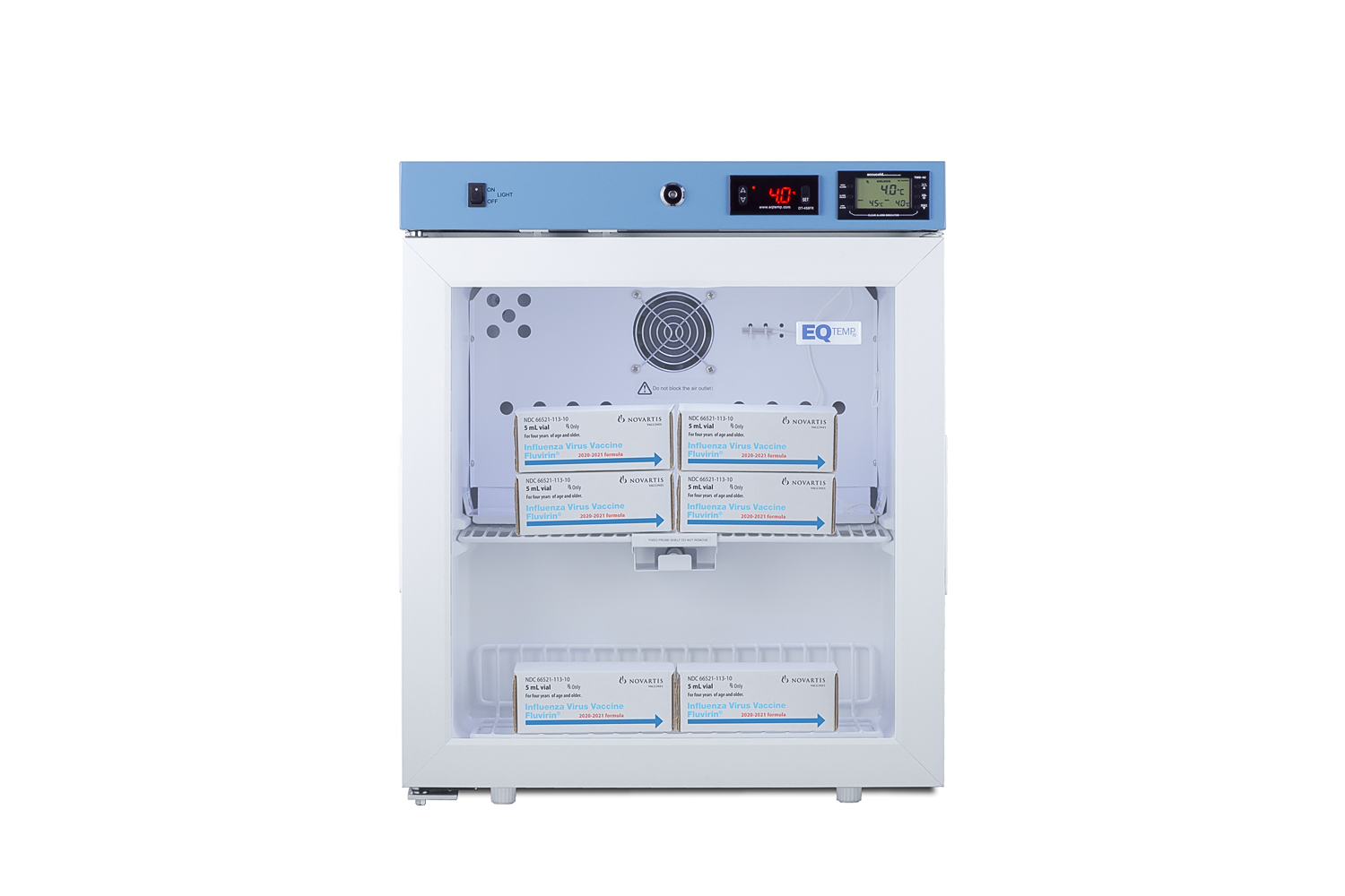 Compact healthcare all-refrigerator with self-closing glass door, front lock, digital controls, and external temperature readout